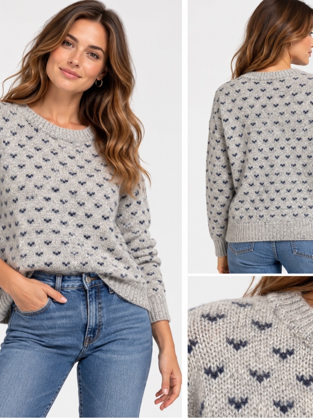 Eddie Bauer Wool Angora Fair Isle Sweater Small Petite Gray Navy